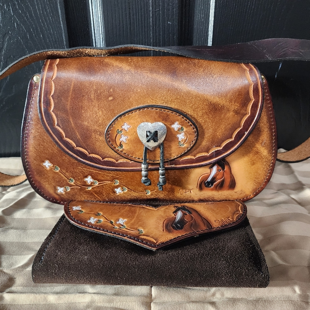 Leather Handcrafted By Stine Shoulder Purse & Matching Wallet Horse Ranch Farm